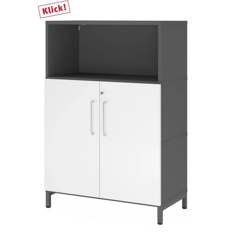 Armoire FlexWall en graphite et blanc avec deux portes, une niche ouverte et socle de hjh OFFICE PRO