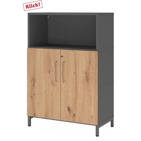 Armoire de bureau FlexWall en graphite et chêne frêne avec deux portes et une niche ouverte de hjh OFFICE PRO