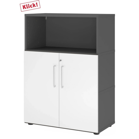 Armoire de bureau FlexWall en graphite et blanc avec deux portes et une niche ouverte de hjh OFFICE PRO