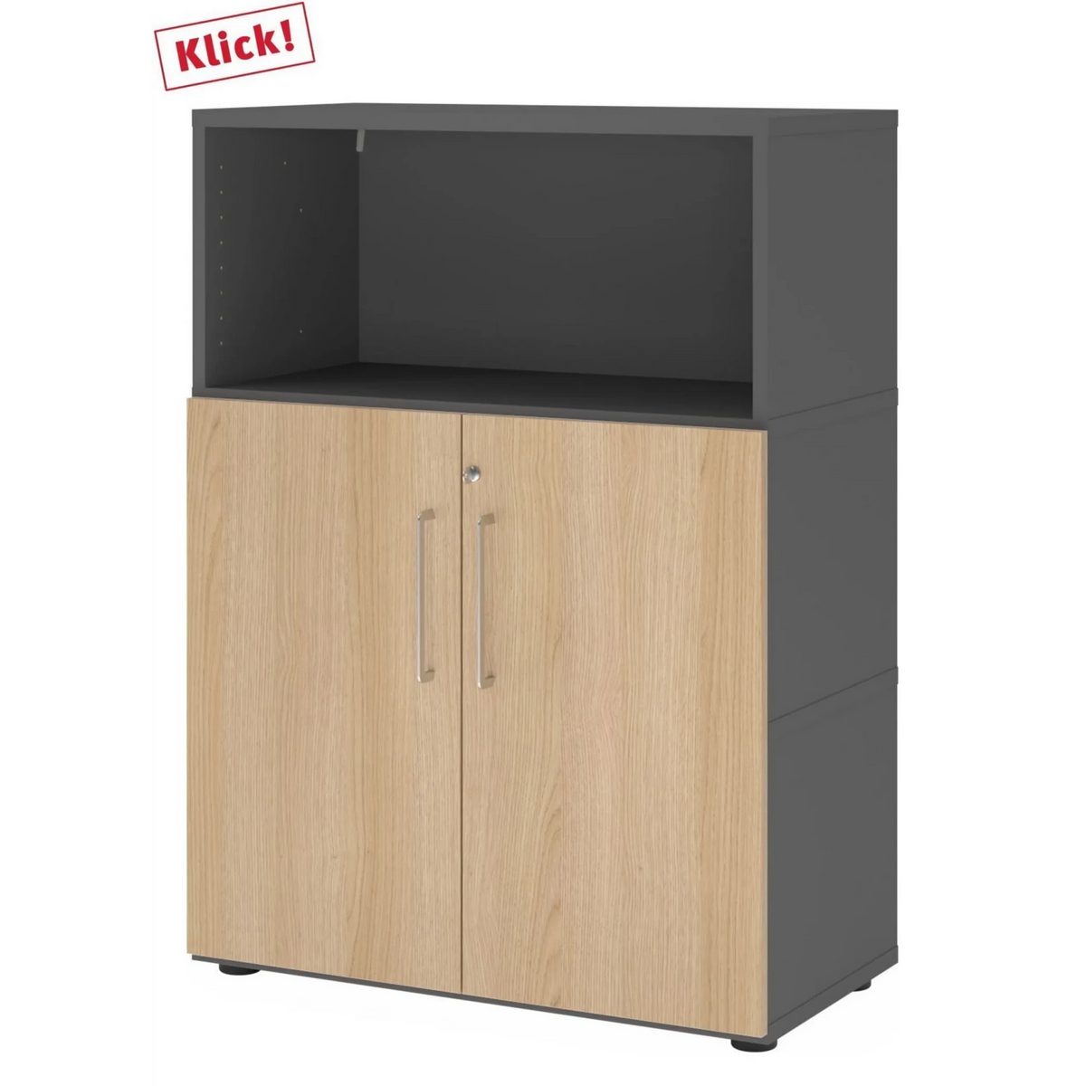 Armoire de bureau FlexWall en graphite et chêne avec deux portes et un compartiment ouvert de hjh OFFICE PRO