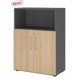 Armoire de bureau FlexWall en graphite et chêne avec deux portes et un compartiment ouvert de hjh OFFICE PRO
