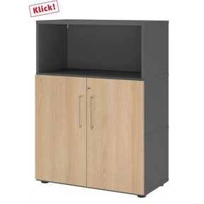 Armoire de bureau FlexWall en graphite et chêne avec deux portes et un compartiment ouvert de hjh OFFICE PRO