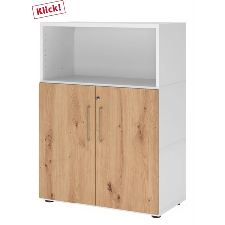 Armoire de bureau FlexWall en blanc et chêne avec niche ouverte et deux portes de hjh OFFICE PRO