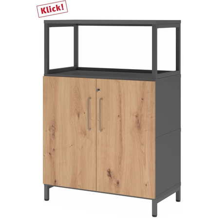 Armoire FlexWall en chêne rustique et graphite avec deux portes et un élément supérieur ouvert de hjh OFFICE PRO