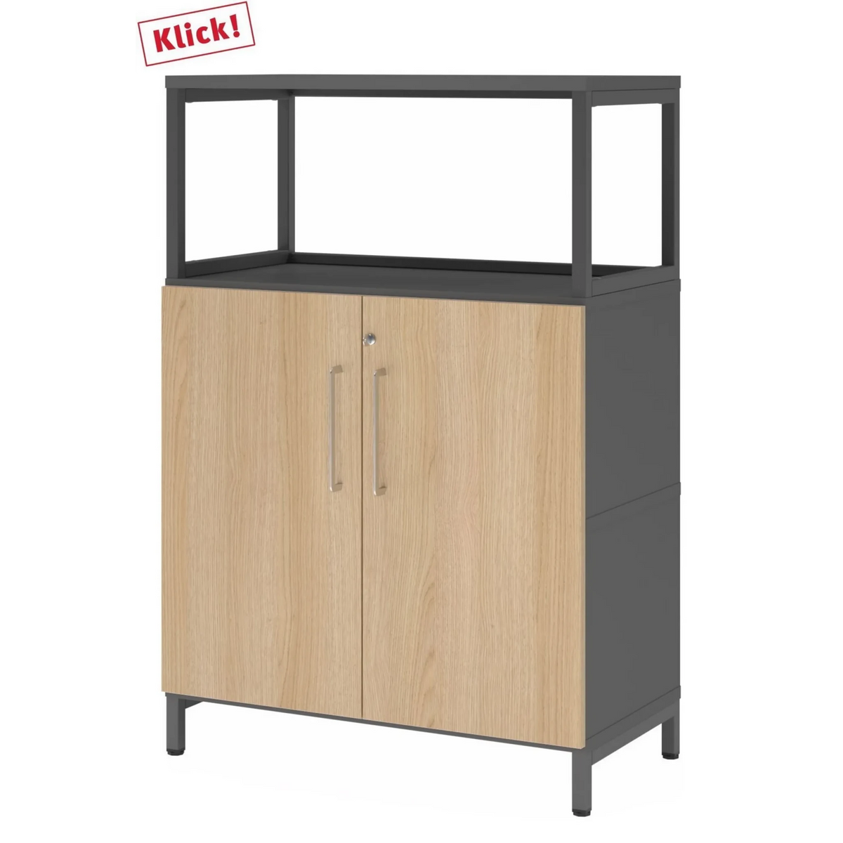 Armoire FlexWall en graphite et chêne avec deux portes, cadre supérieur ouvert et socle de hjh OFFICE PRO