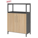 Armoire FlexWall en graphite et chêne avec deux portes, cadre supérieur ouvert et socle de hjh OFFICE PRO