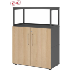 Meuble bas FlexWall en graphite et chêne avec deux portes et un cadre supérieur de hjh OFFICE PRO