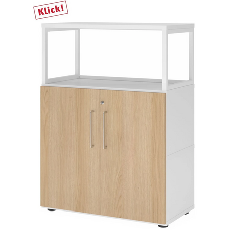 Meuble bas FlexWall en blanc et chêne avec deux portes et cadre supérieur blanc de hjh OFFICE PRO