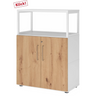 Meuble bas FlexWall en blanc et chêne noueux avec deux portes et un cadre supérieur blanc de hjh OFFICE PRO