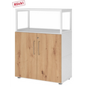 Meuble bas FlexWall en blanc et chêne noueux avec deux portes et un cadre supérieur blanc de hjh OFFICE PRO
