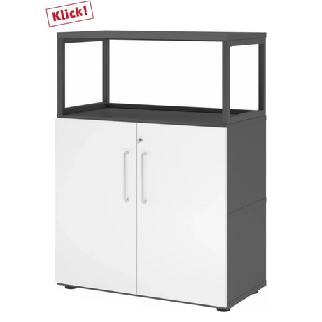 Meuble bas FlexWall en graphite et blanc avec deux portes et un cadre supérieur de hjh OFFICE PRO