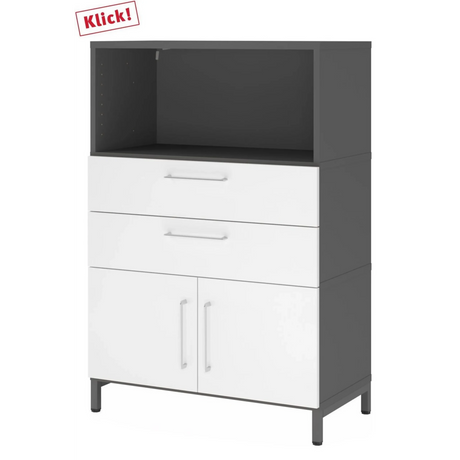 Armoire à dossiers FlexWall en graphite et blanc avec deux tiroirs, portes et niche ouverte de hjh OFFICE PRO