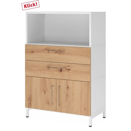 Buffet FlexWall en blanc et chêne noueux avec deux tiroirs, portes de placard et niche ouverte de hjh OFFICE PRO