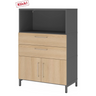 Armoire de bureau FlexWall en graphite et chêne avec deux tiroirs, portes et niche ouverte de hjh OFFICE PRO