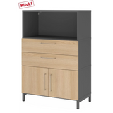 Armoire de bureau FlexWall en graphite et chêne avec deux tiroirs, portes et niche ouverte de hjh OFFICE PRO