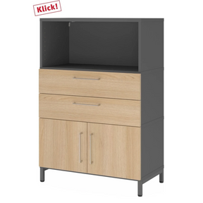 Armoire de bureau FlexWall en graphite et chêne avec deux tiroirs, portes et niche ouverte de hjh OFFICE PRO