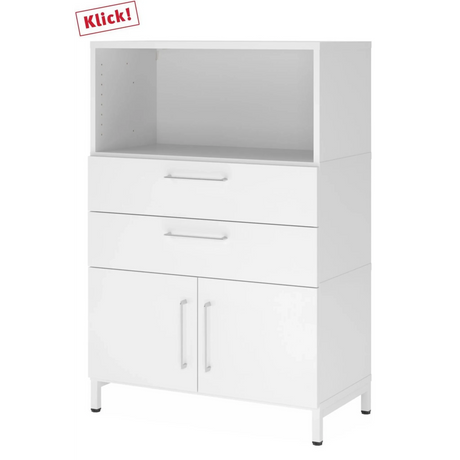 Armoire de bureau blanche FlexWall avec niche ouverte, deux tiroirs et un élément de placard de hjh OFFICE PRO