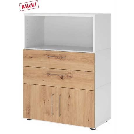 Buffet moderne FlexWall en blanc et chêne frêne avec deux tiroirs et un compartiment de hjh OFFICE PRO