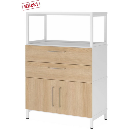 Buffet FlexWall en blanc et chêne avec deux tiroirs, deux portes et cadre supérieur blanc de hjh OFFICE PRO