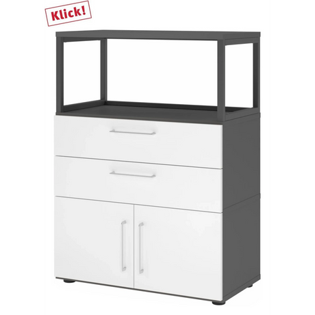 Meuble bas FlexWall en graphite et blanc avec deux tiroirs, portes et cadre supérieur de hjh OFFICE PRO