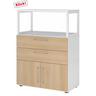 Meuble bas FlexWall en blanc et chêne avec deux tiroirs, portes et cadre supérieur blanc de hjh OFFICE PRO