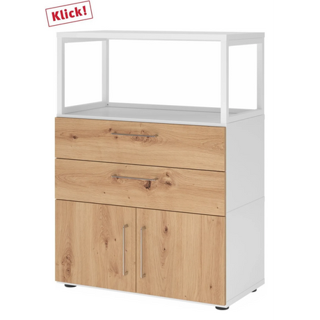 Meuble bas FlexWall en blanc et chêne acacia avec deux tiroirs, deux portes et cadre supérieur de hjh OFFICE PRO