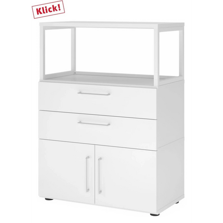 Meuble bas blanc FlexWall avec deux tiroirs, deux portes et un cadre supérieur ouvert de hjh OFFICE PRO