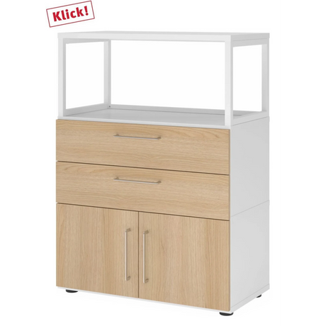 Meuble bas FlexWall en blanc et chêne avec deux tiroirs, portes et cadre supérieur blanc de hjh OFFICE PRO