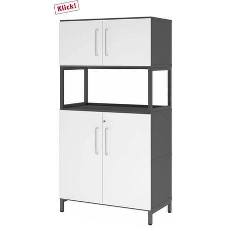 Armoire à dossiers FlexWall en graphite et blanc avec deux portes, niche ouverte et socle de hjh OFFICE PRO