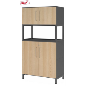 Armoire à dossiers FlexWall en graphite et chêne avec deux portes, niche ouverte et socle de hjh OFFICE PRO