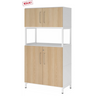 Armoire de bureau FlexWall en blanc et chêne avec deux portes et un socle blanc de hjh OFFICE PRO