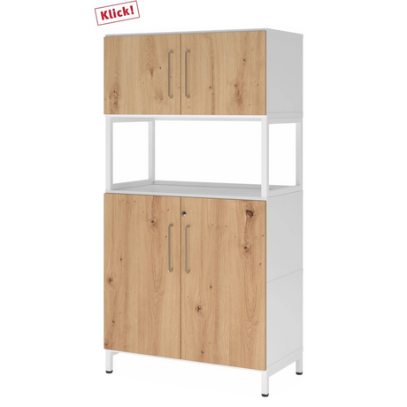 Armoire à dossiers FlexWall en chêne rustique avec cadre blanc, deux portes et socle de hjh OFFICE PRO