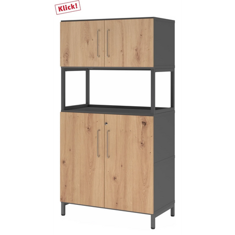 Armoire à dossiers FlexWall en chêne rustique et graphite avec deux portes et une niche ouverte de hjh OFFICE PRO