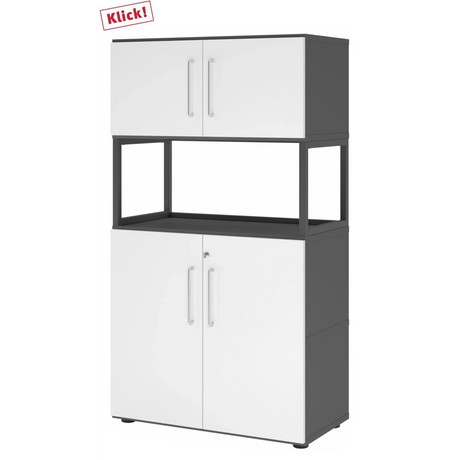 Armoire de bureau FlexWall en graphite et blanc avec deux portes, cadre ouvert et pieds réglables de hjh OFFICE PRO