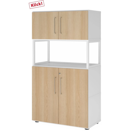 Armoire de bureau FlexWall en blanc et chêne avec deux portes, étagère ouverte et pieds de hjh OFFICE PRO