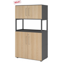 Armoire de bureau FlexWall en graphite et chêne avec deux sections de portes et une étagère centrale ouverte de hjh OFFICE PRO