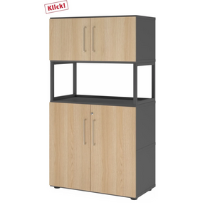 Armoire de bureau FlexWall en graphite et chêne avec deux sections de portes et une étagère centrale ouverte de hjh OFFICE PRO