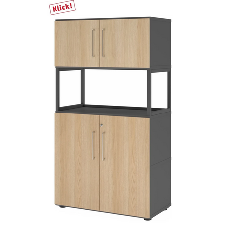 Armoire de bureau FlexWall en graphite et chêne avec deux sections de portes et une étagère centrale ouverte de hjh OFFICE PRO