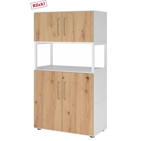 Armoire de bureau FlexWall en blanc et chêne acacia avec deux portes, niche ouverte et pieds de hjh OFFICE PRO