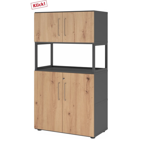 Armoire de bureau FlexWall en chêne rustique et graphite avec deux portes et une niche ouverte de hjh OFFICE PRO