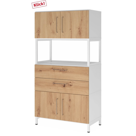 Étagère FlexWall en chêne rustique et blanc avec deux tiroirs et portes sur socle blanc de hjh OFFICE PRO