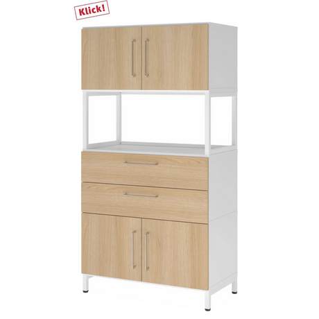 Armoire FlexWall en blanc-chêne avec deux portes, deux tiroirs et un compartiment ouvert de hjh OFFICE PRO