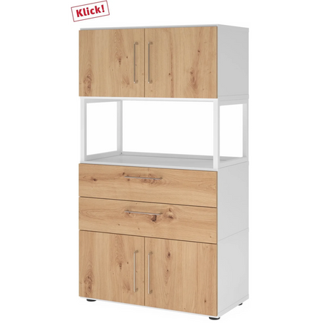 Étagère FlexWall en blanc et chêne frêne avec deux portes, deux tiroirs et un compartiment ouvert de hjh OFFICE PRO