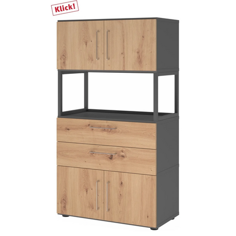 Étagère FlexWall en graphite et chêne frêne avec portes, tiroirs et cadre ouvert de hjh OFFICE PRO