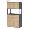 Armoire de bureau FlexWall en graphite et chêne avec deux portes, deux tiroirs et une étagère ouverte de hjh OFFICE PRO