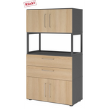 Armoire de bureau FlexWall en graphite et chêne avec deux portes, deux tiroirs et une étagère ouverte de hjh OFFICE PRO