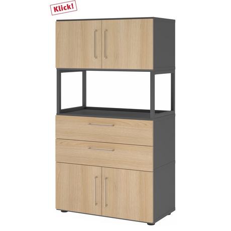 Armoire de bureau FlexWall en graphite et chêne avec deux portes, deux tiroirs et une étagère ouverte de hjh OFFICE PRO