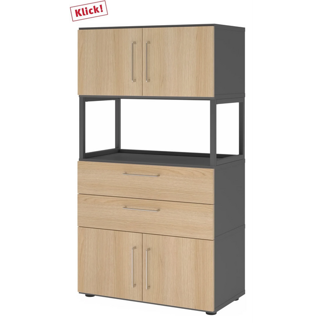 Armoire de bureau FlexWall en graphite et chêne avec deux portes, deux tiroirs et une étagère ouverte de hjh OFFICE PRO