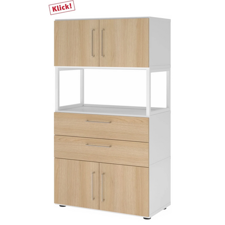 Étagère FlexWall en blanc et chêne avec deux portes, deux tiroirs et un compartiment ouvert de hjh OFFICE PRO