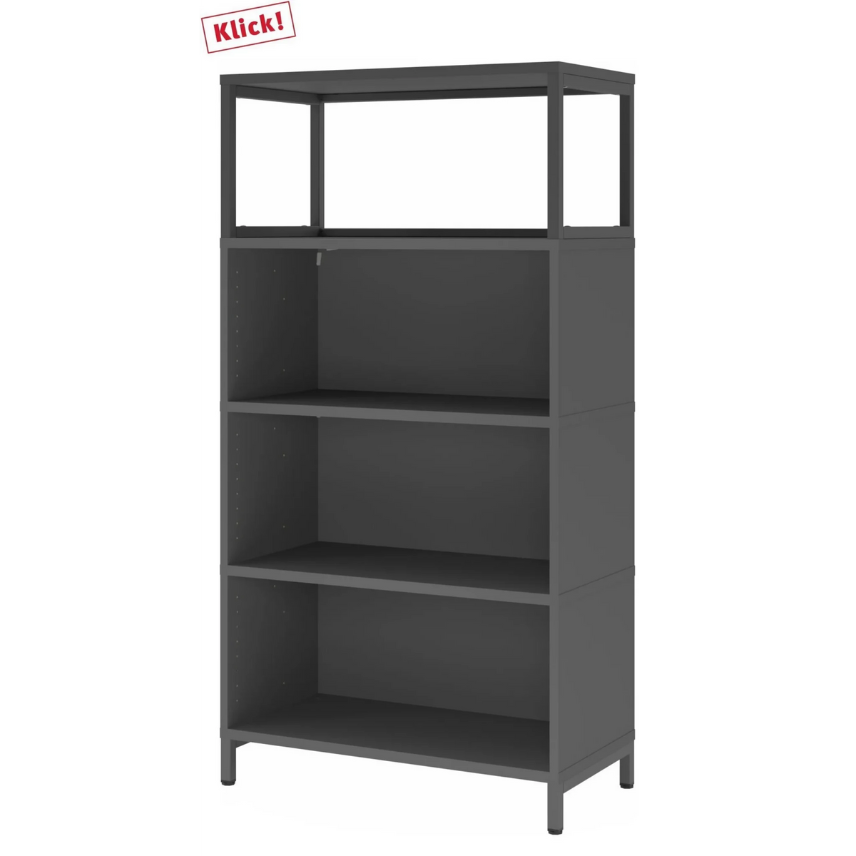 Étagère ouverte FlexWall en graphite avec trois tablettes et un cadre supérieur sur socle de hjh OFFICE PRO